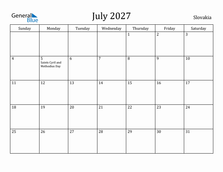 July 2027 Calendar Slovakia