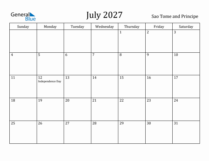 July 2027 Calendar Sao Tome and Principe