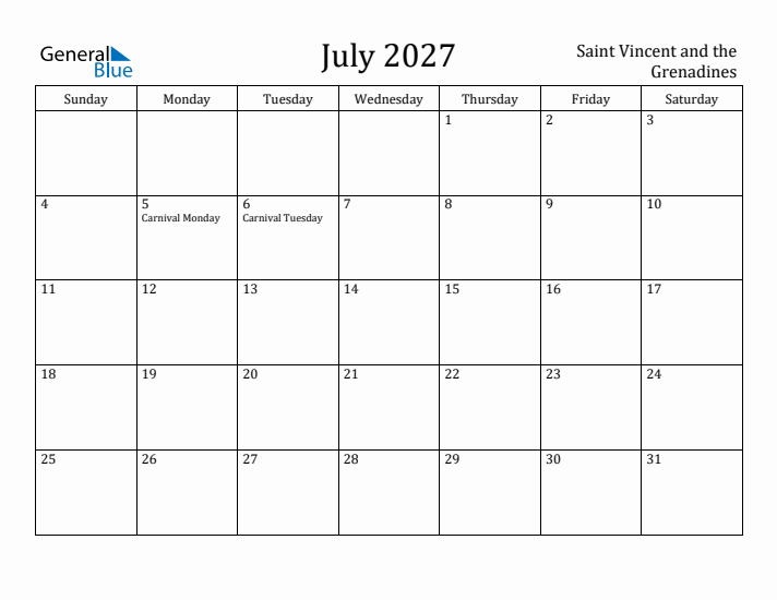 July 2027 Calendar Saint Vincent and the Grenadines