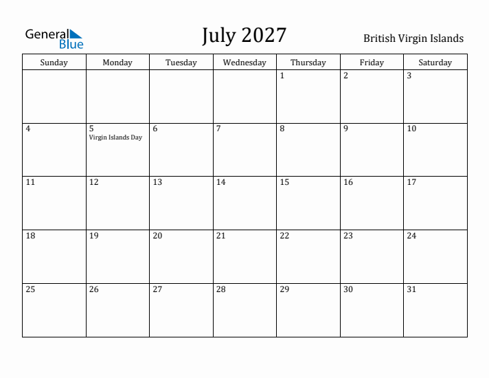 July 2027 Calendar British Virgin Islands