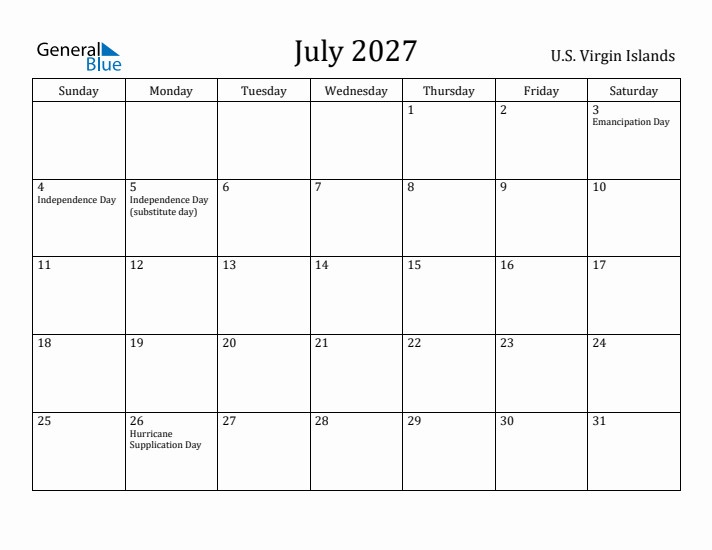 July 2027 Calendar U.S. Virgin Islands