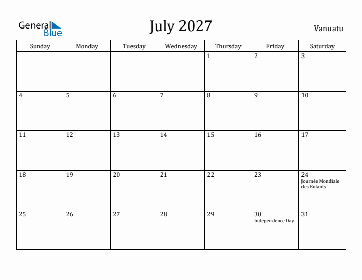 July 2027 Calendar Vanuatu