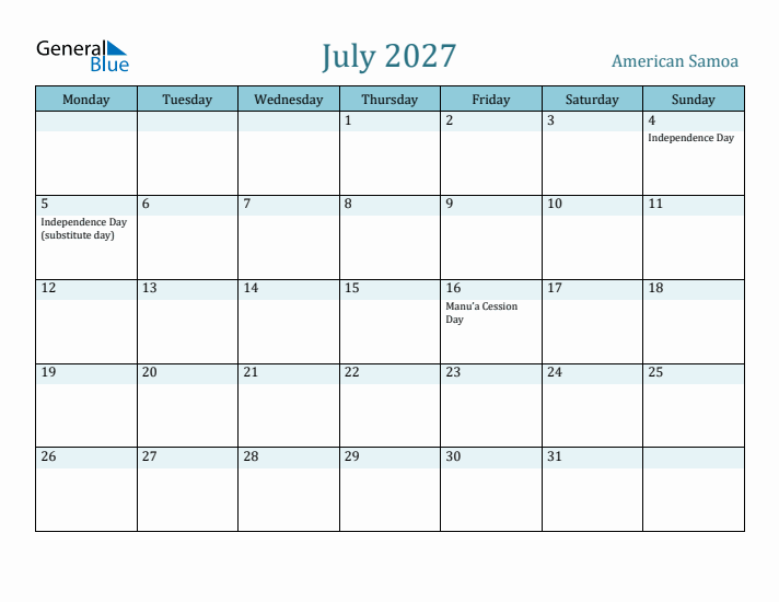 July 2027 Calendar with Holidays