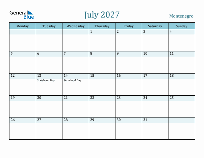 July 2027 Calendar with Holidays