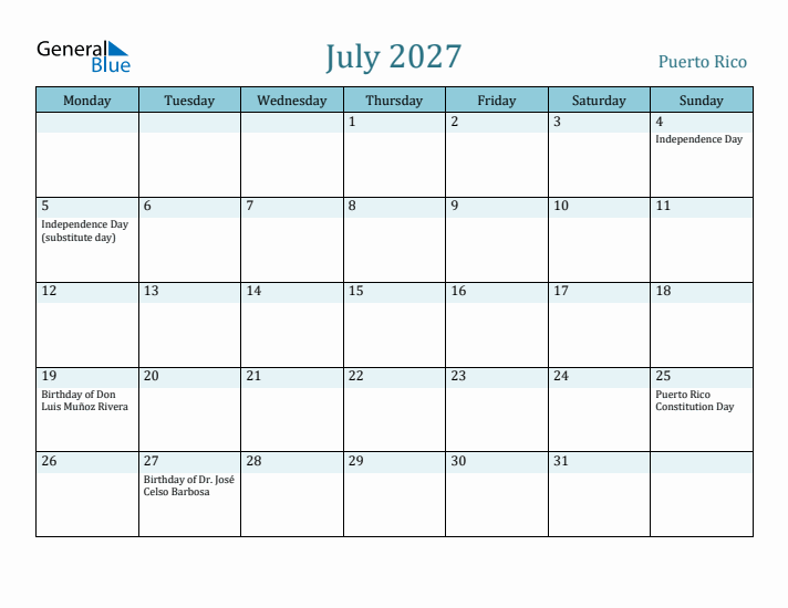 July 2027 Calendar with Holidays