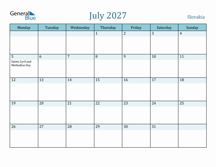 July 2027 Calendar with Holidays