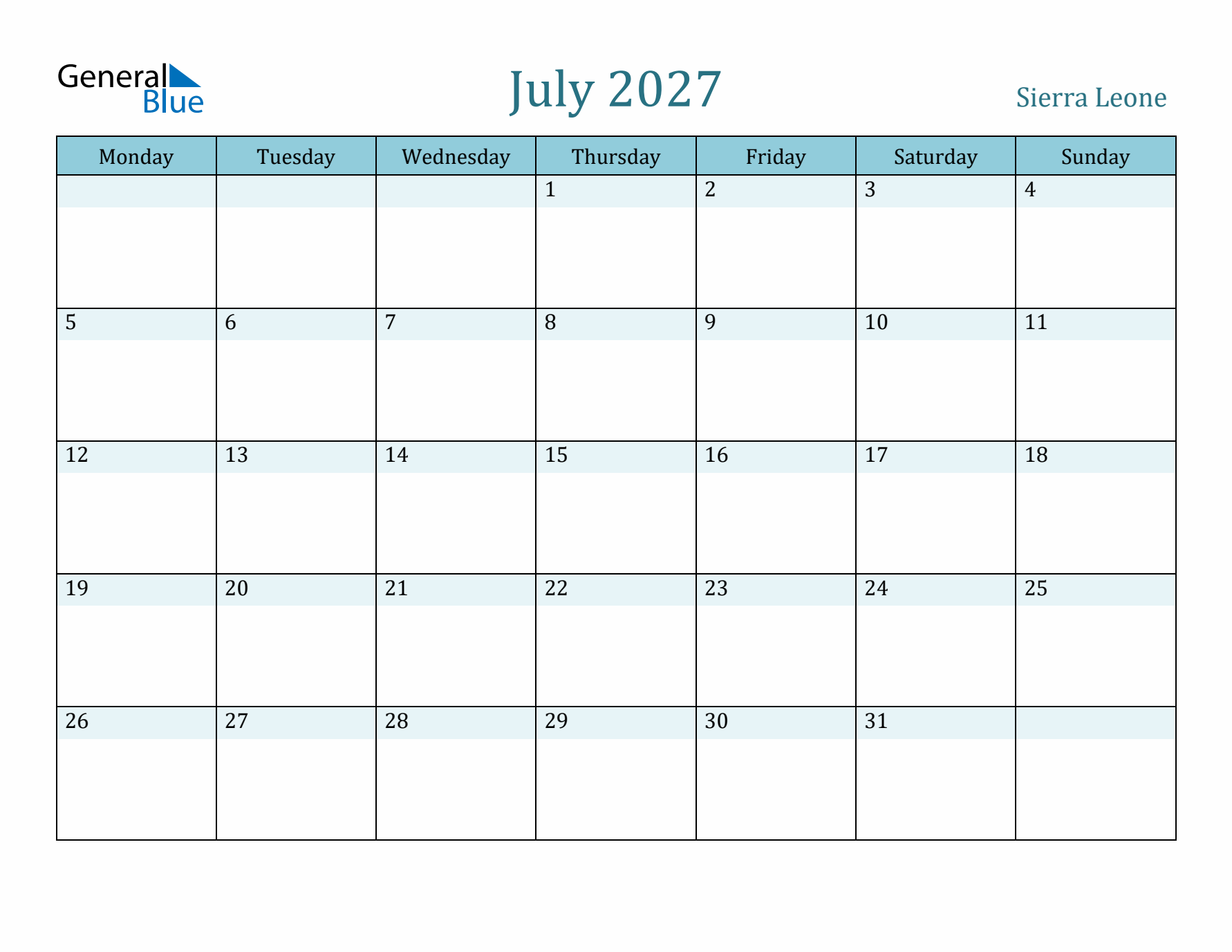July 2027 Calendar with Holidays
