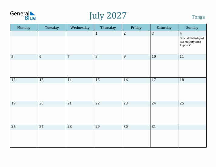 July 2027 Calendar with Holidays
