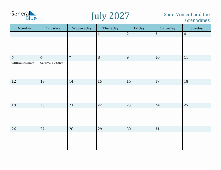 July 2027 Calendar with Holidays