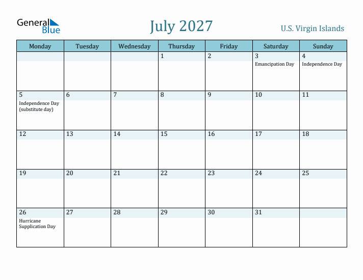 July 2027 Calendar with Holidays