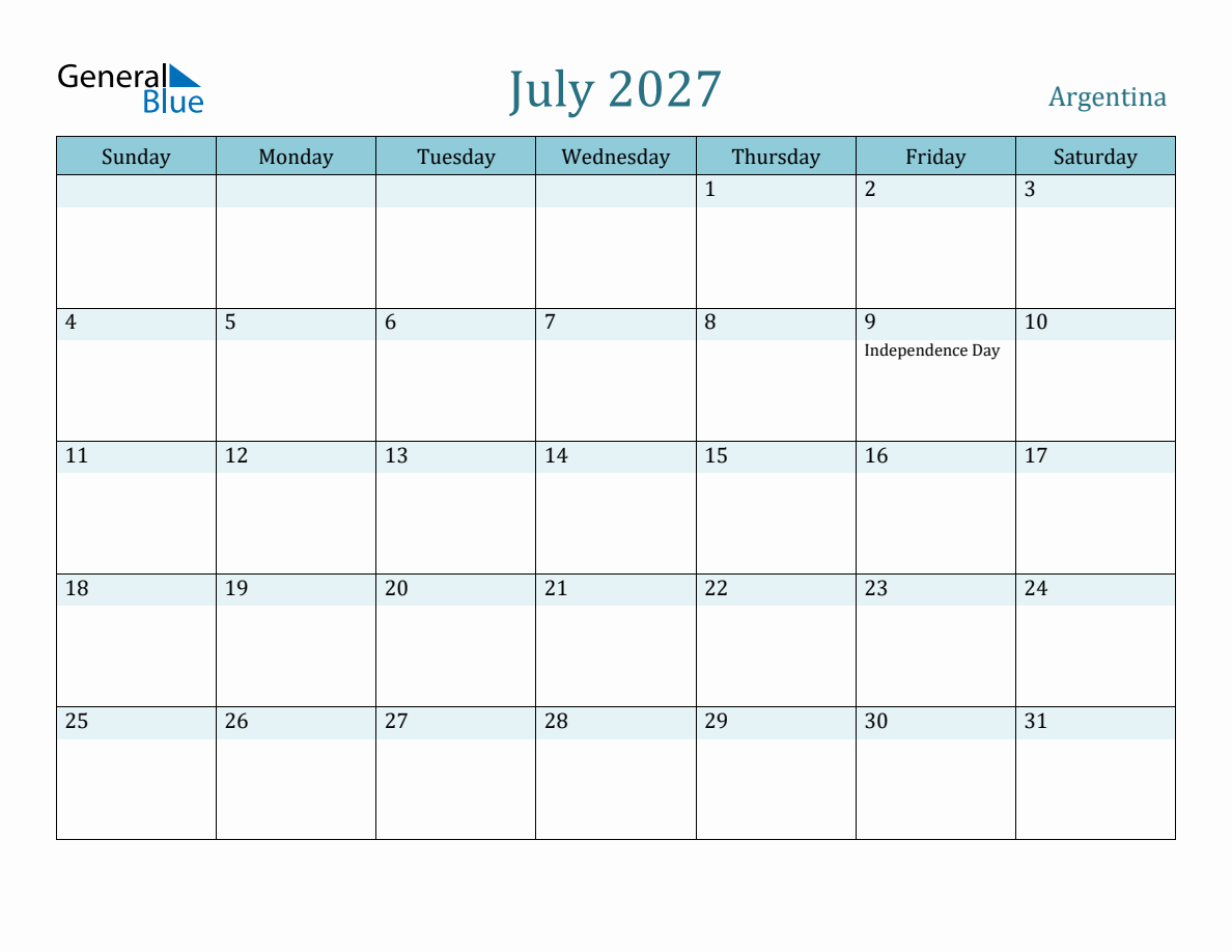 Argentina Holiday Calendar for July 2027