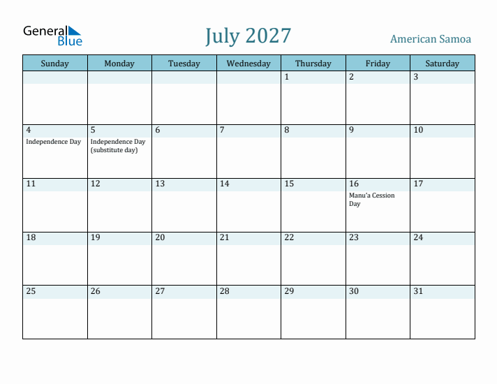 July 2027 Calendar with Holidays