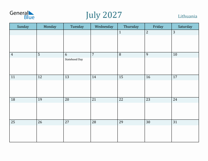 July 2027 Calendar with Holidays