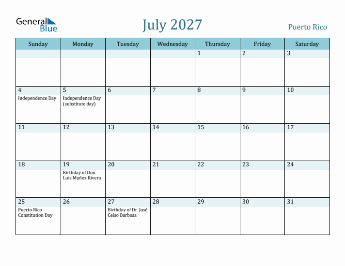 July 2027 Calendar with Holidays
