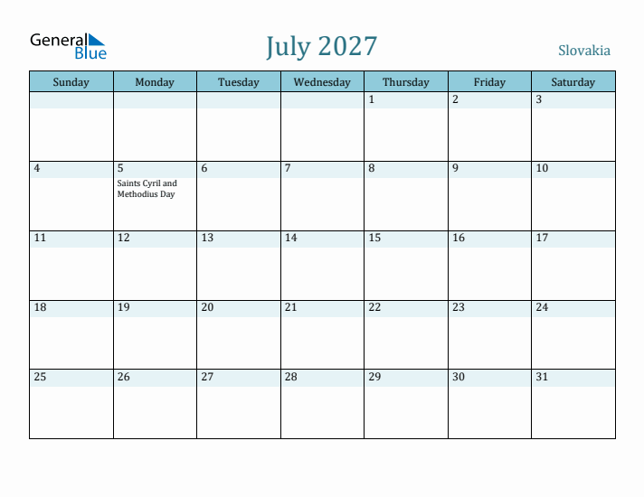 July 2027 Calendar with Holidays