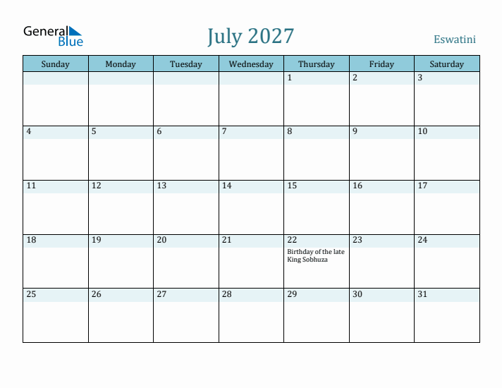 July 2027 Calendar with Holidays