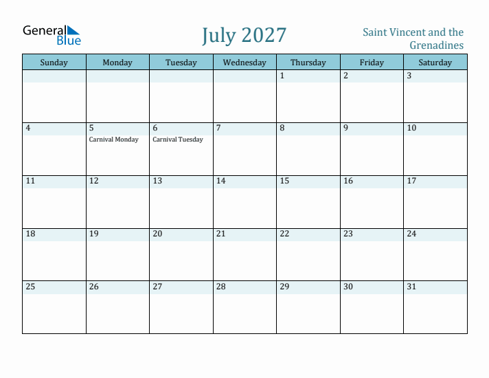 July 2027 Calendar with Holidays