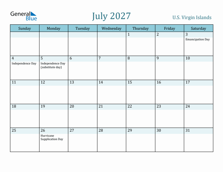 July 2027 Calendar with Holidays