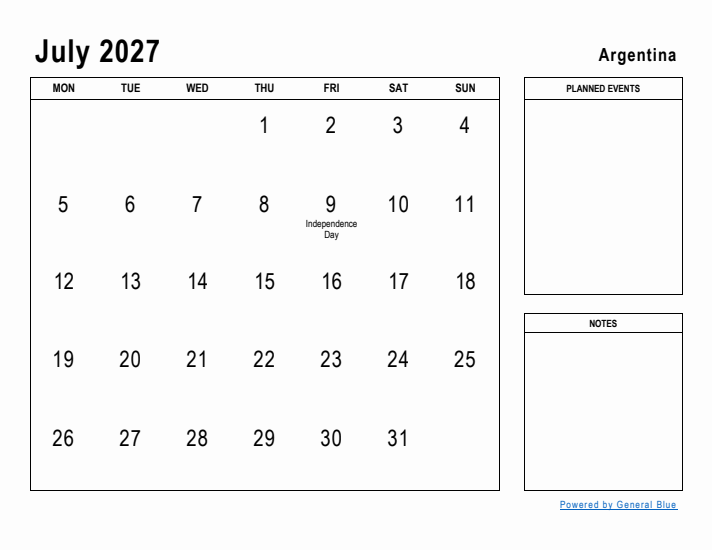 July 2027 Printable Monthly Calendar with Argentina Holidays