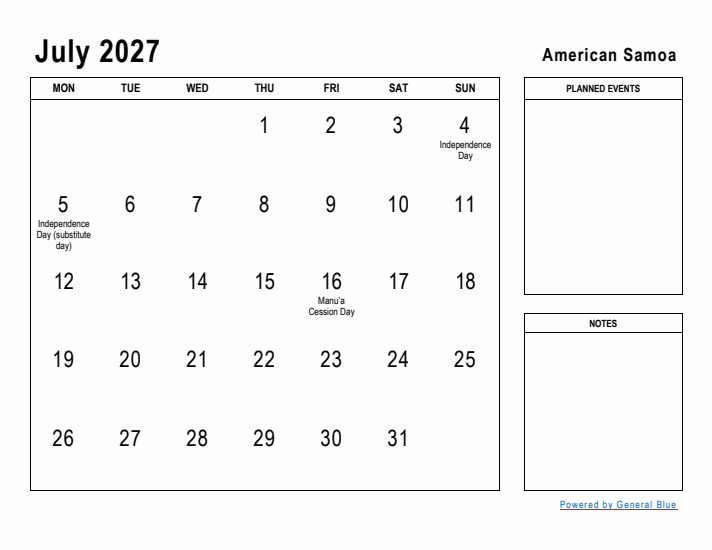 July 2027 Printable Monthly Calendar with American Samoa Holidays