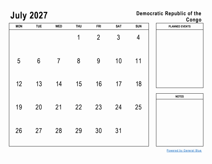 July 2027 Printable Monthly Calendar with Democratic Republic of the Congo Holidays