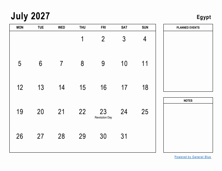 July 2027 Printable Monthly Calendar with Egypt Holidays