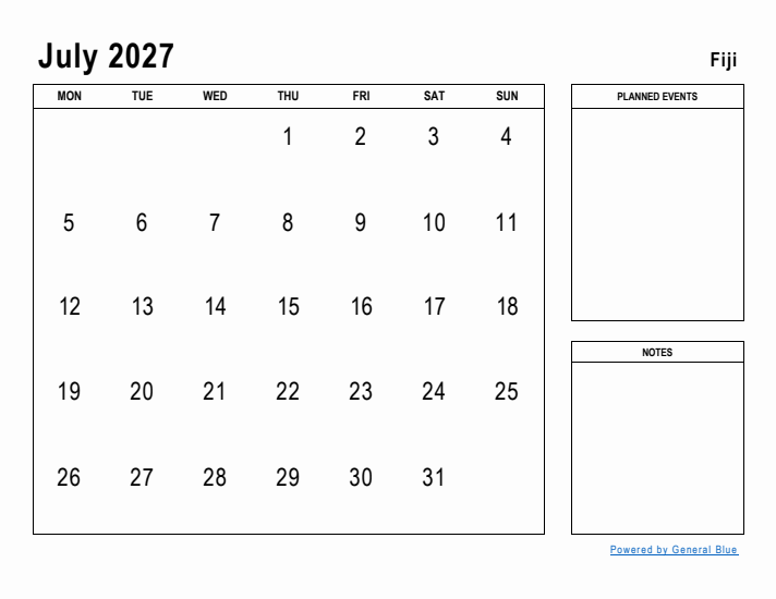 July 2027 Printable Monthly Calendar with Fiji Holidays