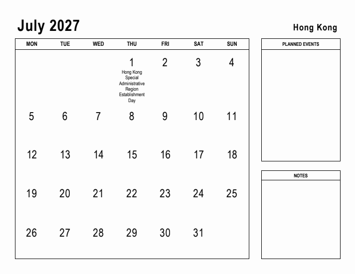 July 2027 Printable Monthly Calendar with Hong Kong Holidays