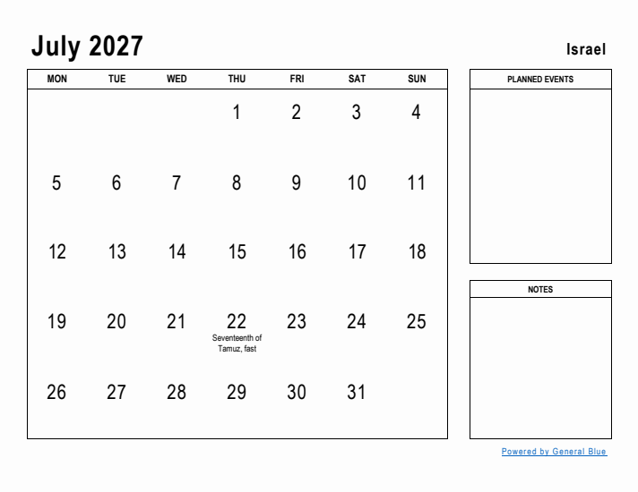 July 2027 Printable Monthly Calendar with Israel Holidays