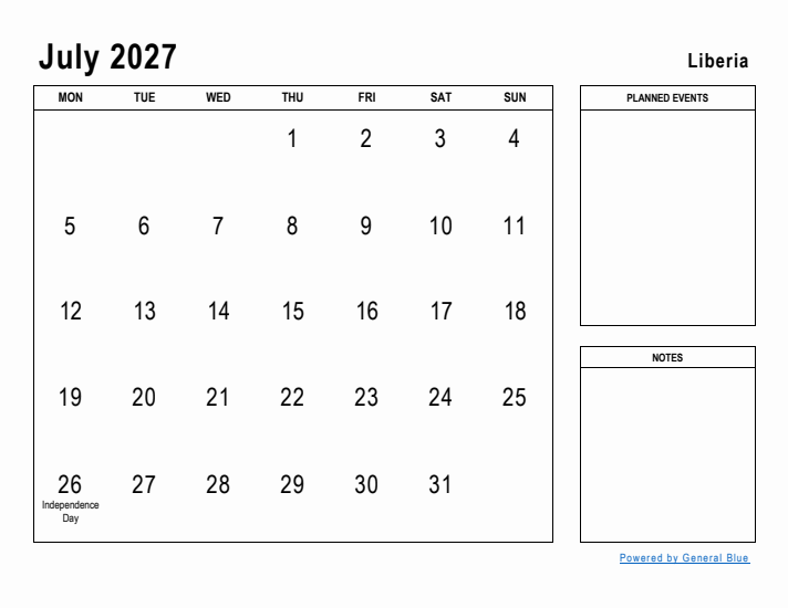 July 2027 Printable Monthly Calendar with Liberia Holidays
