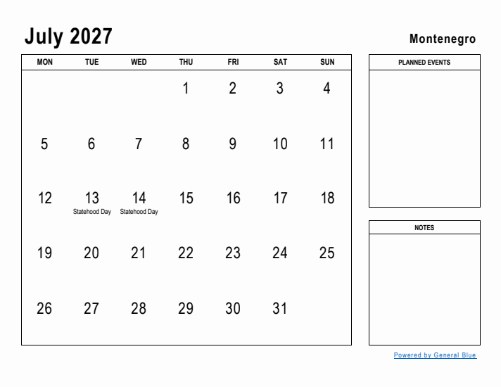 July 2027 Printable Monthly Calendar with Montenegro Holidays