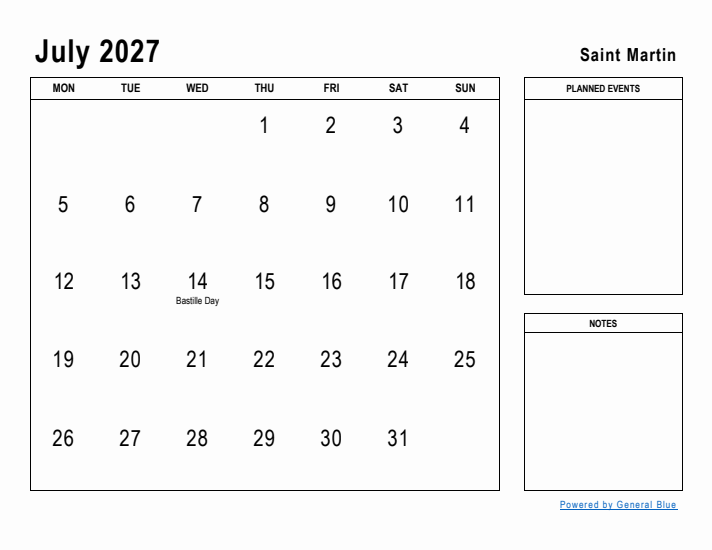 July 2027 Printable Monthly Calendar with Saint Martin Holidays