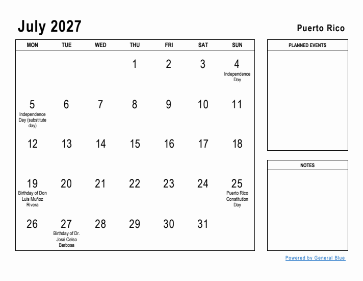 July 2027 Printable Monthly Calendar with Puerto Rico Holidays