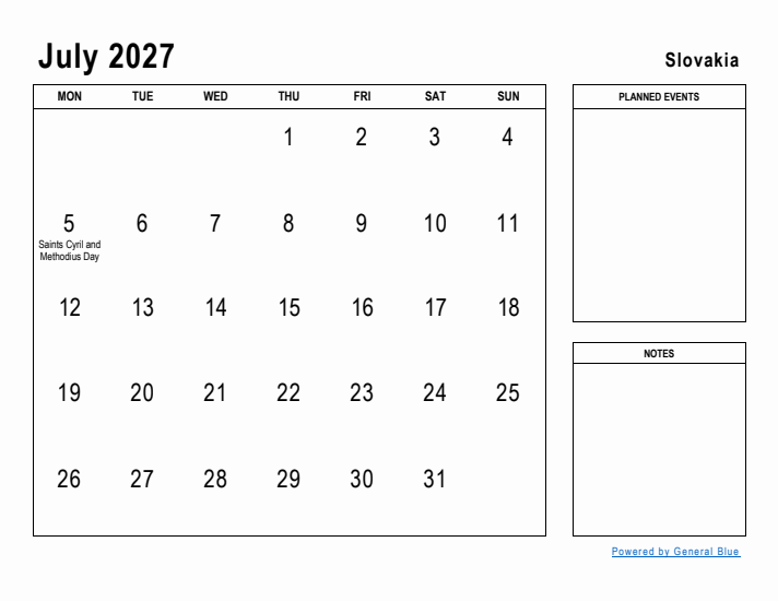 July 2027 Printable Monthly Calendar with Slovakia Holidays
