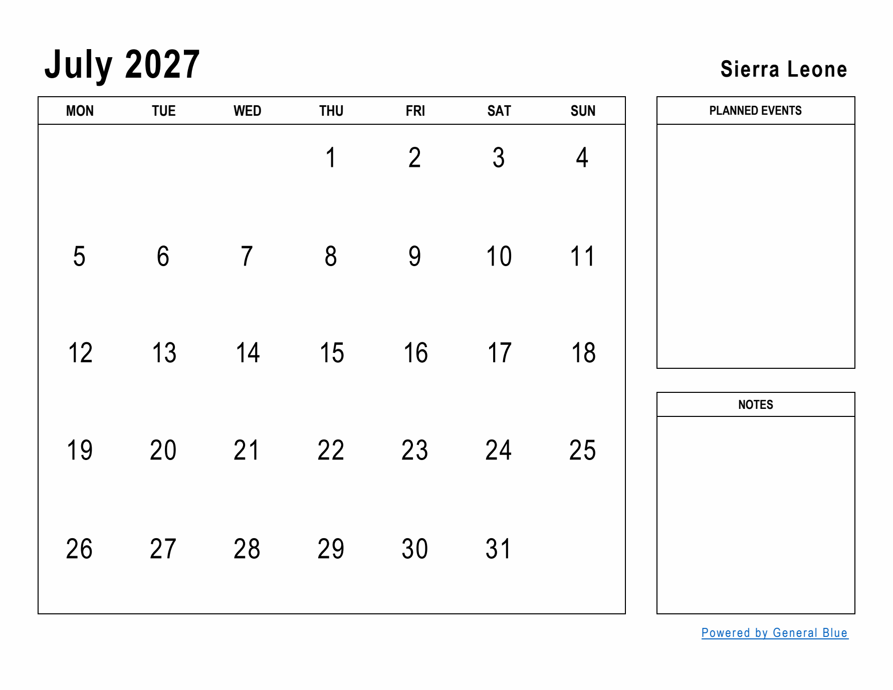 July 2027 Printable Monthly Calendar with Sierra Leone Holidays