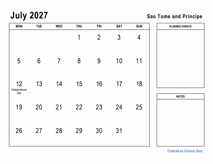 July 2027 Printable Monthly Calendar with Sao Tome and Principe Holidays