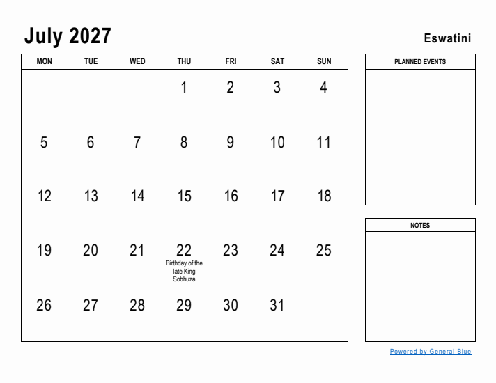 July 2027 Printable Monthly Calendar with Eswatini Holidays