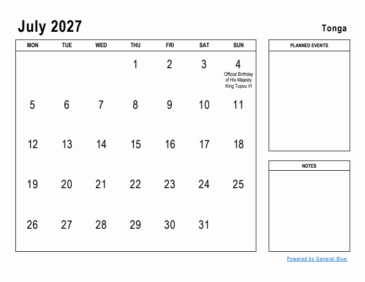 July 2027 Printable Monthly Calendar with Tonga Holidays