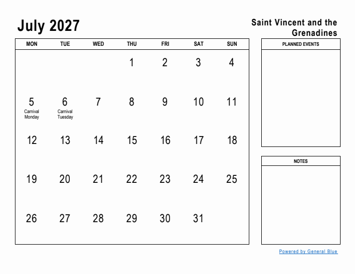 July 2027 Printable Monthly Calendar with Saint Vincent and the Grenadines Holidays