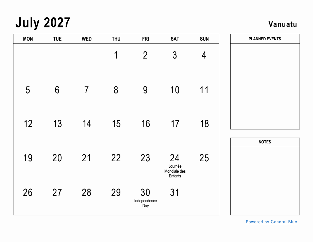 July 2027 Planner with Vanuatu Holidays (Monday Start)