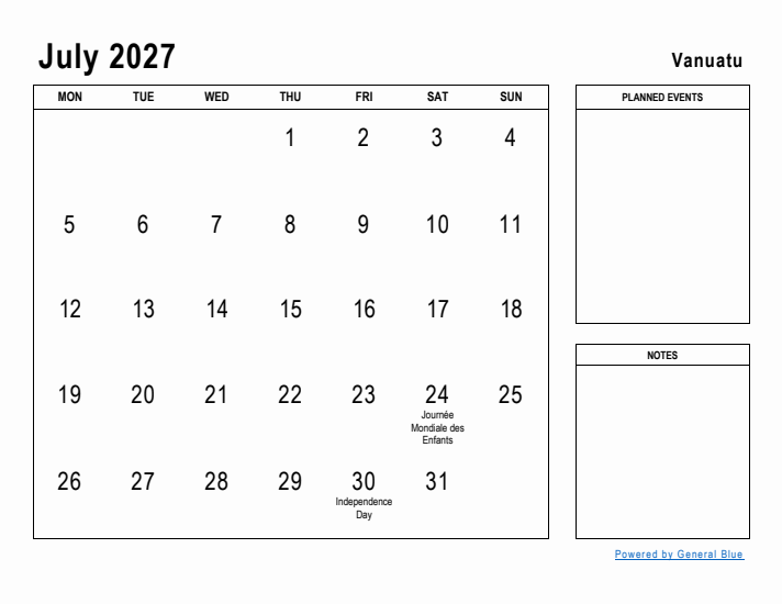 July 2027 Printable Monthly Calendar with Vanuatu Holidays