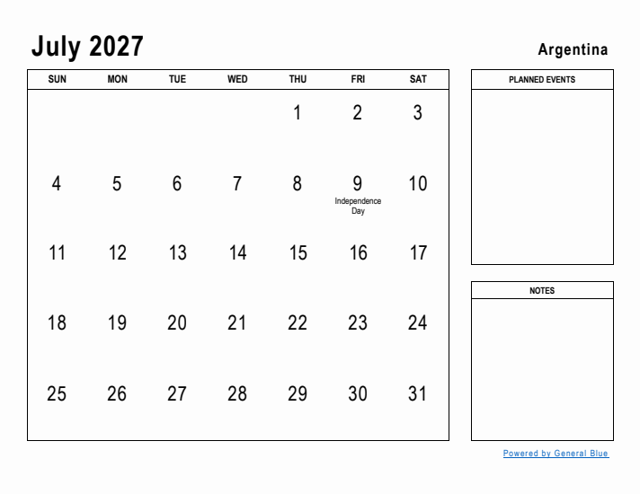 July 2027 Printable Monthly Calendar with Argentina Holidays