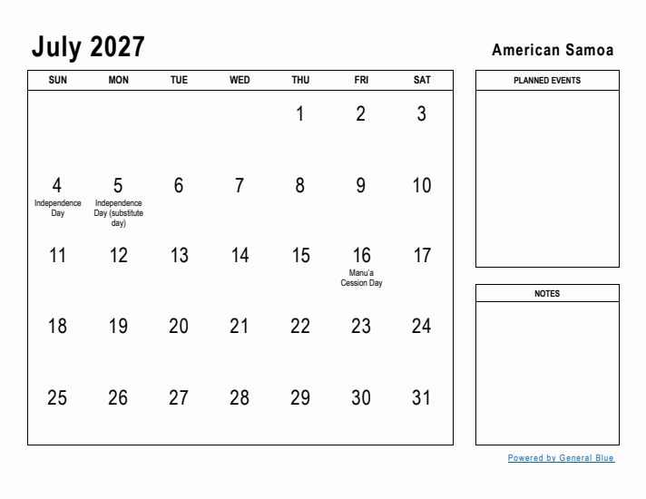 July 2027 Printable Monthly Calendar with American Samoa Holidays