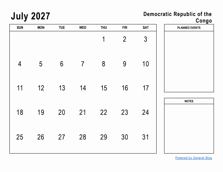 July 2027 Printable Monthly Calendar with Democratic Republic of the Congo Holidays