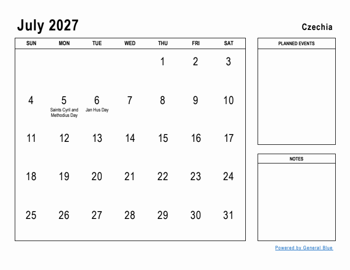 July 2027 Printable Monthly Calendar with Czechia Holidays