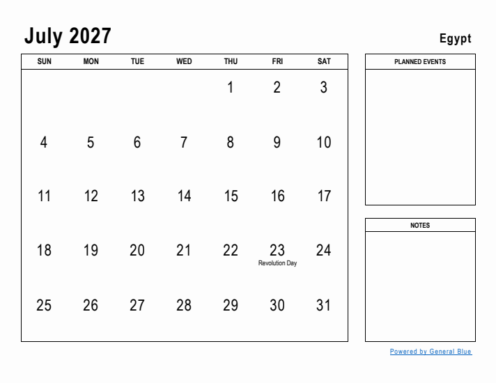 July 2027 Printable Monthly Calendar with Egypt Holidays