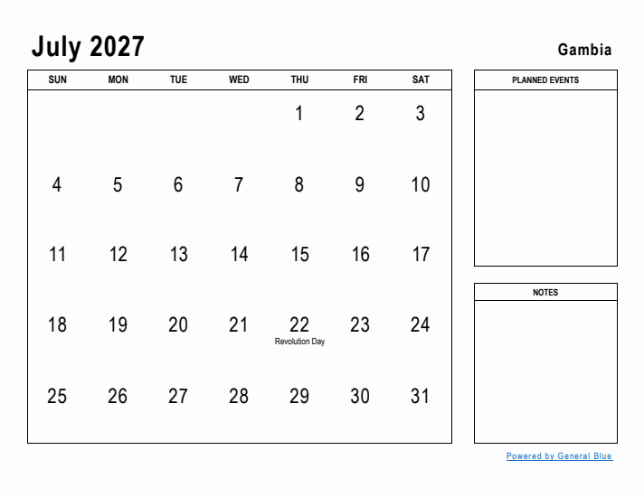 July 2027 Printable Monthly Calendar with Gambia Holidays