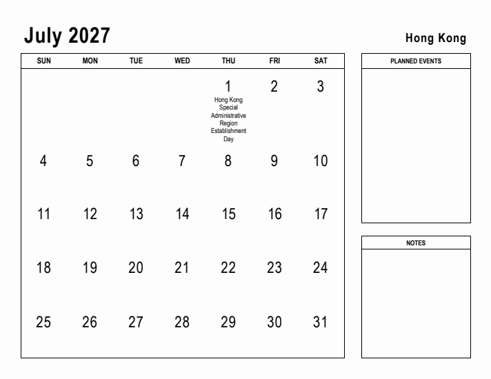 July 2027 Printable Monthly Calendar with Hong Kong Holidays