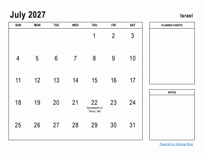 July 2027 Printable Monthly Calendar with Israel Holidays