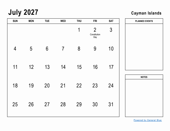 July 2027 Printable Monthly Calendar with Cayman Islands Holidays